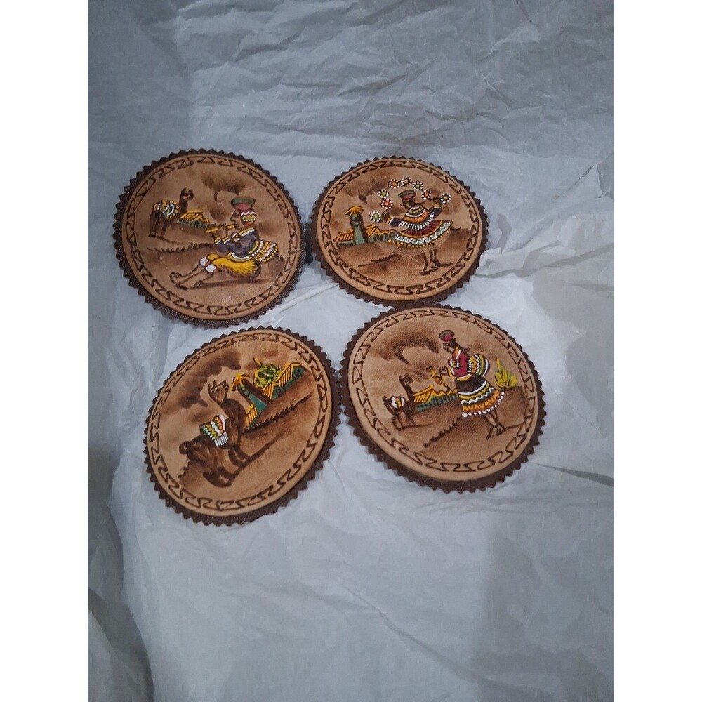 Vintage Andean Leather Coaster Set Of 4 Handpainted Designs Colorful 3.5 " Round